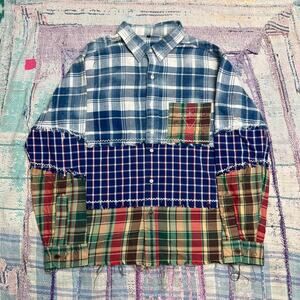 Upcycled plaid patchwork flannel shirt Large sashiko